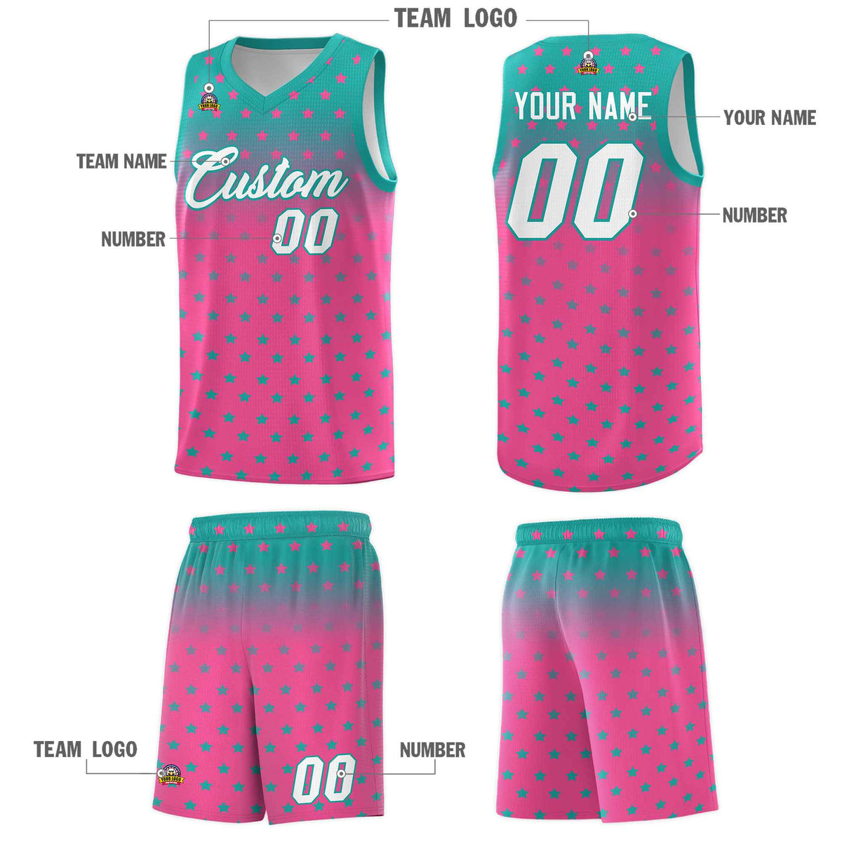 Custom Aqua Pink Gradient Start Pattern Basketball Jersey Sets