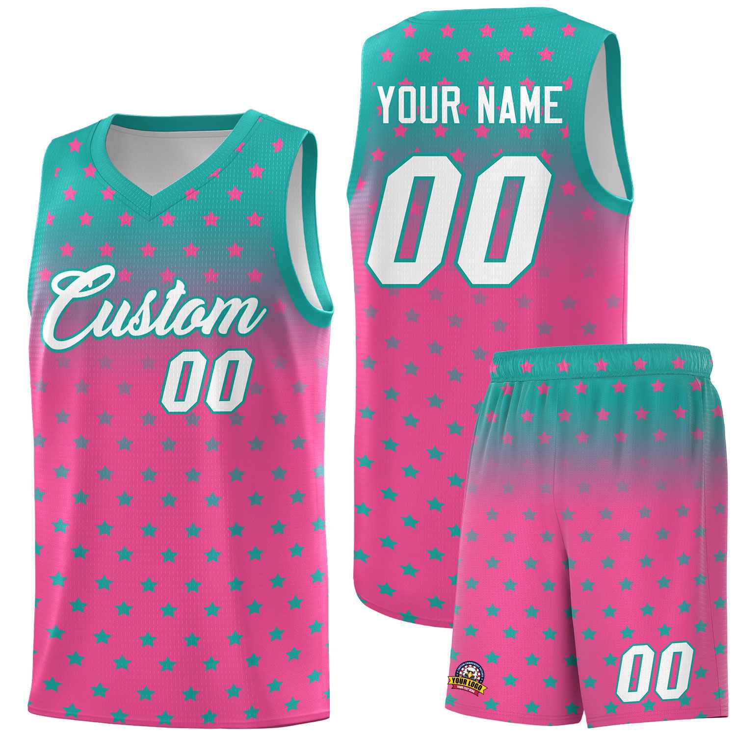 Custom Aqua Pink Gradient Start Pattern Basketball Jersey Sets