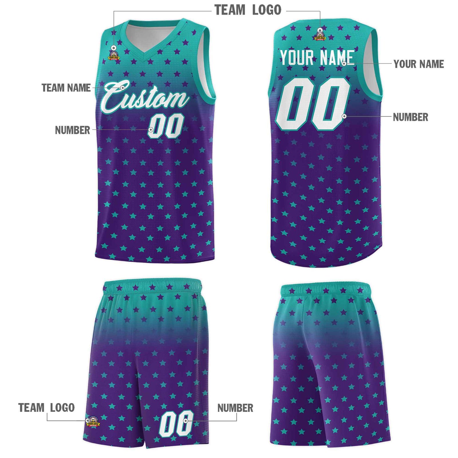 Custom Aqua Purple Gradient Start Pattern Basketball Jersey Sets