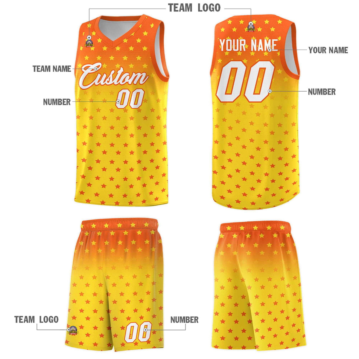 Custom Orange Gold Gradient Start Pattern Basketball Jersey Sets