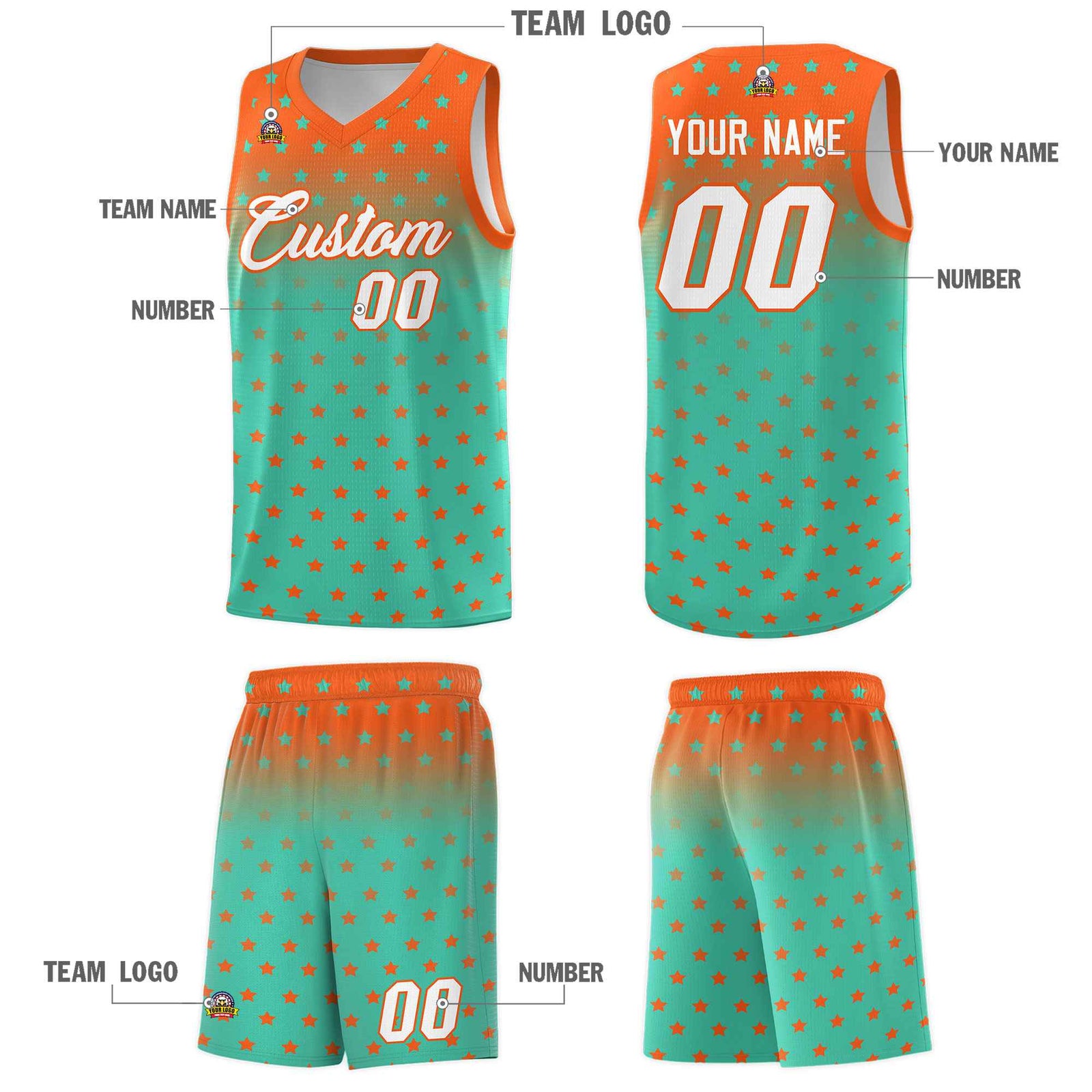 Custom Orange Aqua Gradient Start Pattern Basketball Jersey Sets