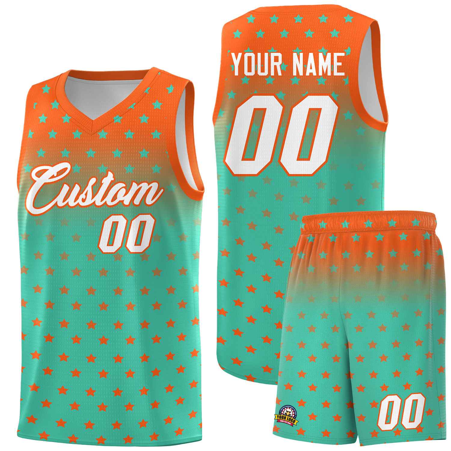 Custom Orange Aqua Gradient Start Pattern Basketball Jersey Sets