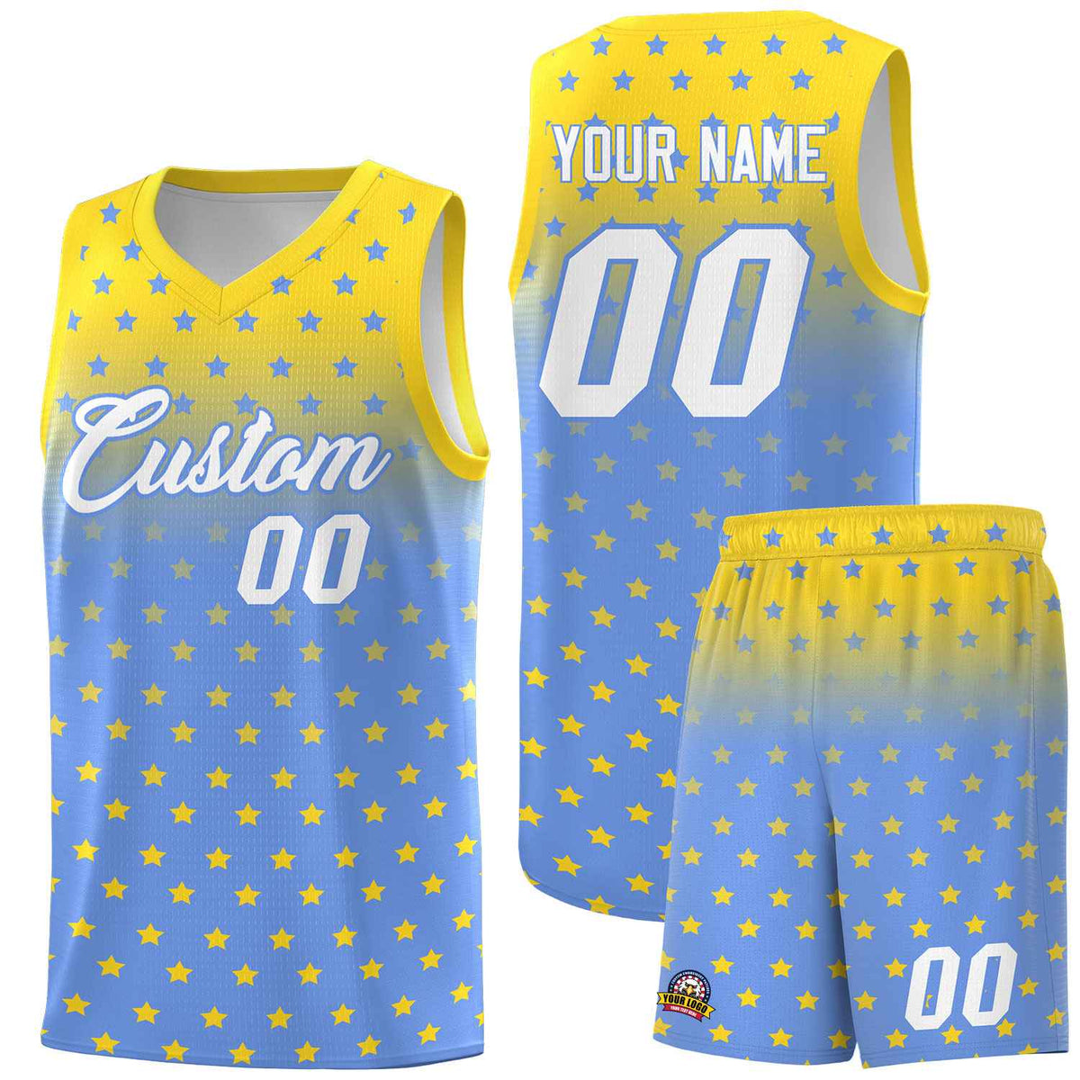 Custom Gold Light Blue Gradient Start Pattern Basketball Jersey Sets