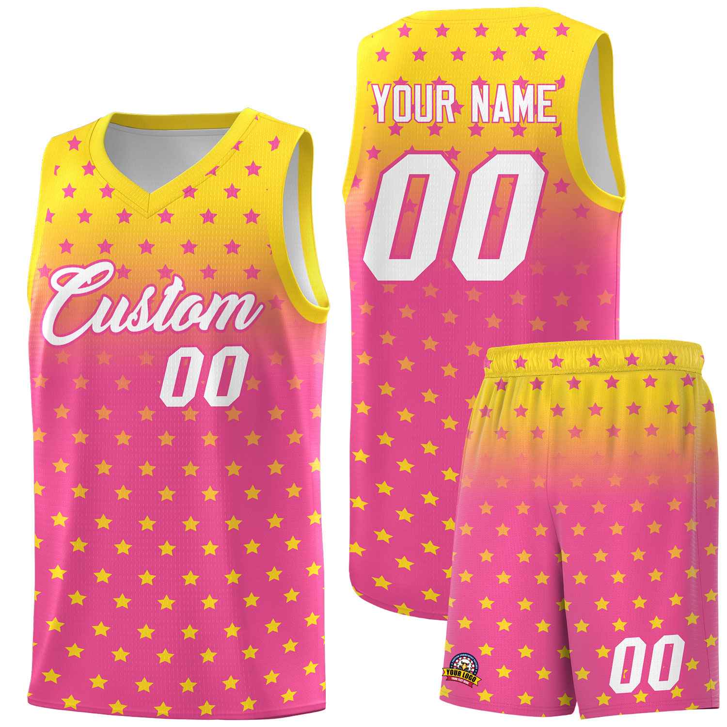 Custom Gold Pink Gradient Start Pattern Basketball Jersey Sets