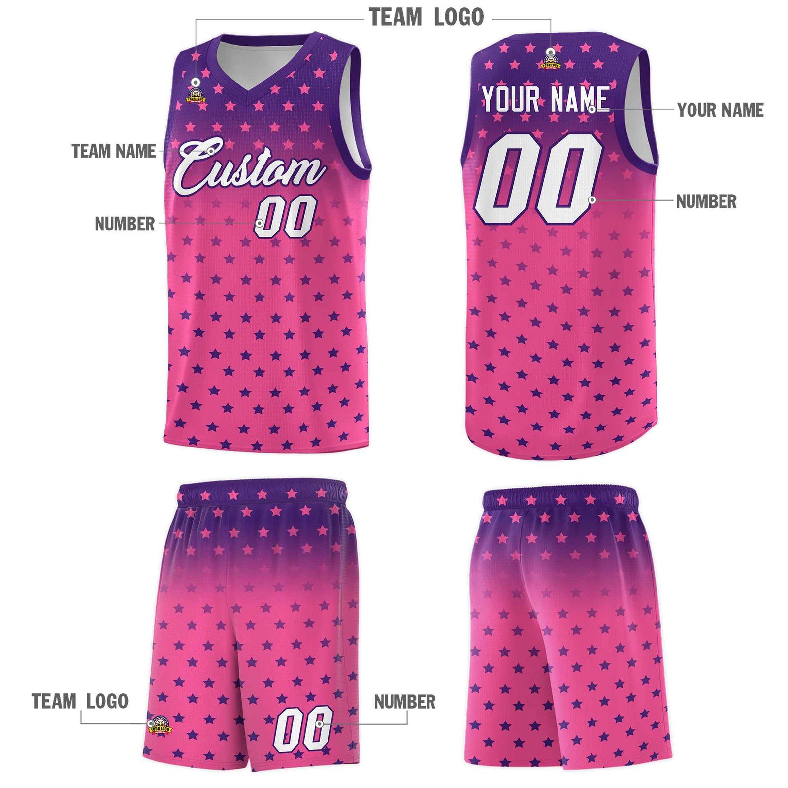 Custom Purple Pink Gradient Start Pattern Basketball Jersey Sets