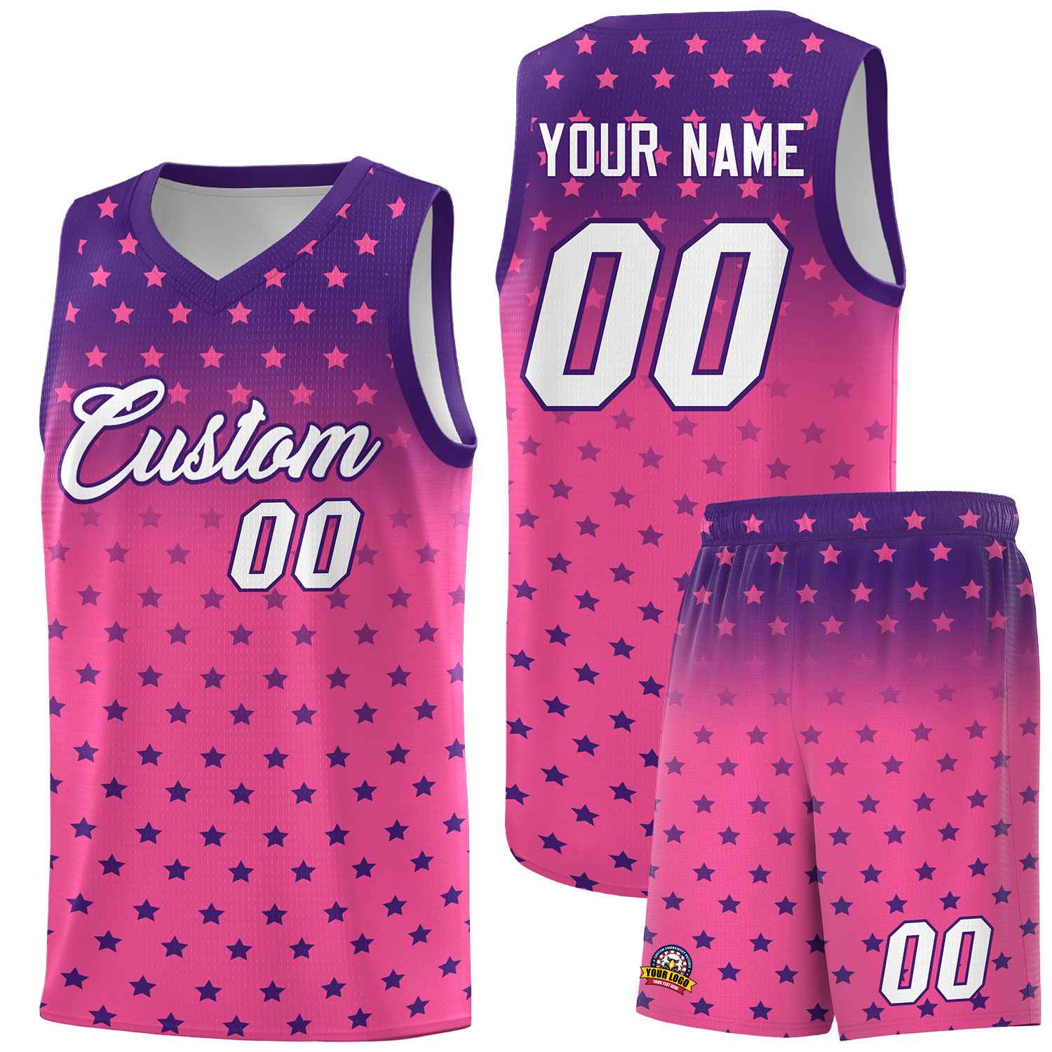 Custom Purple Pink Gradient Start Pattern Basketball Jersey Sets