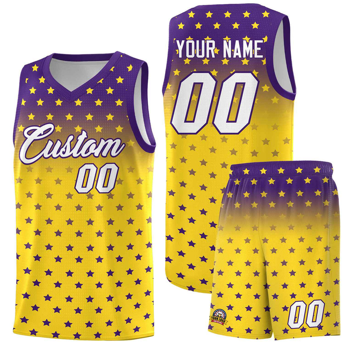 Custom Purple Gold Gradient Start Pattern Basketball Jersey Sets