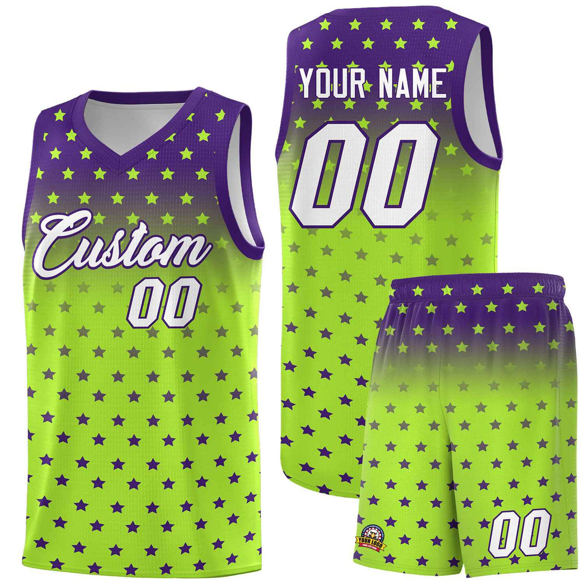 Custom Purple Light Green Gradient Start Pattern Basketball Jersey Sets