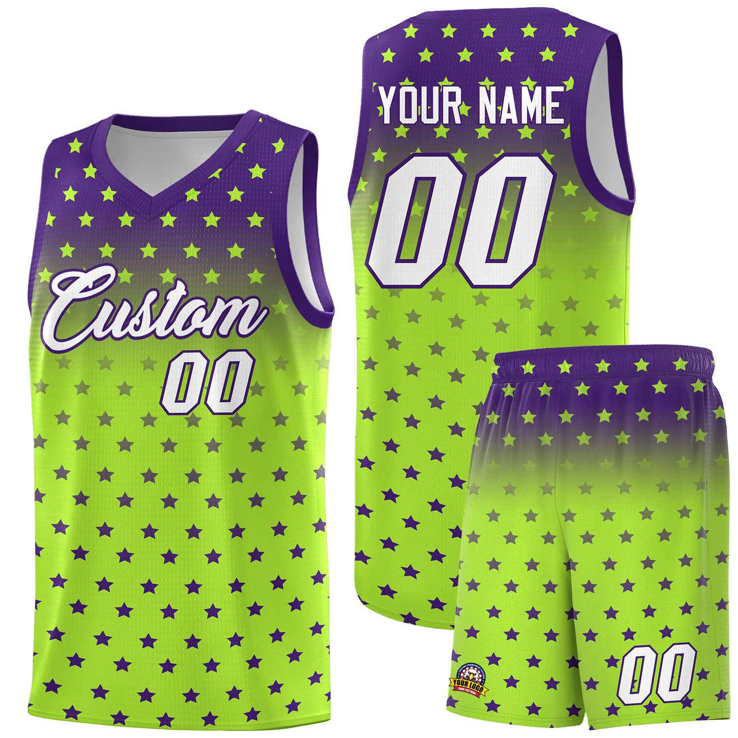 Custom Purple Light Green Gradient Start Pattern Basketball Jersey Sets