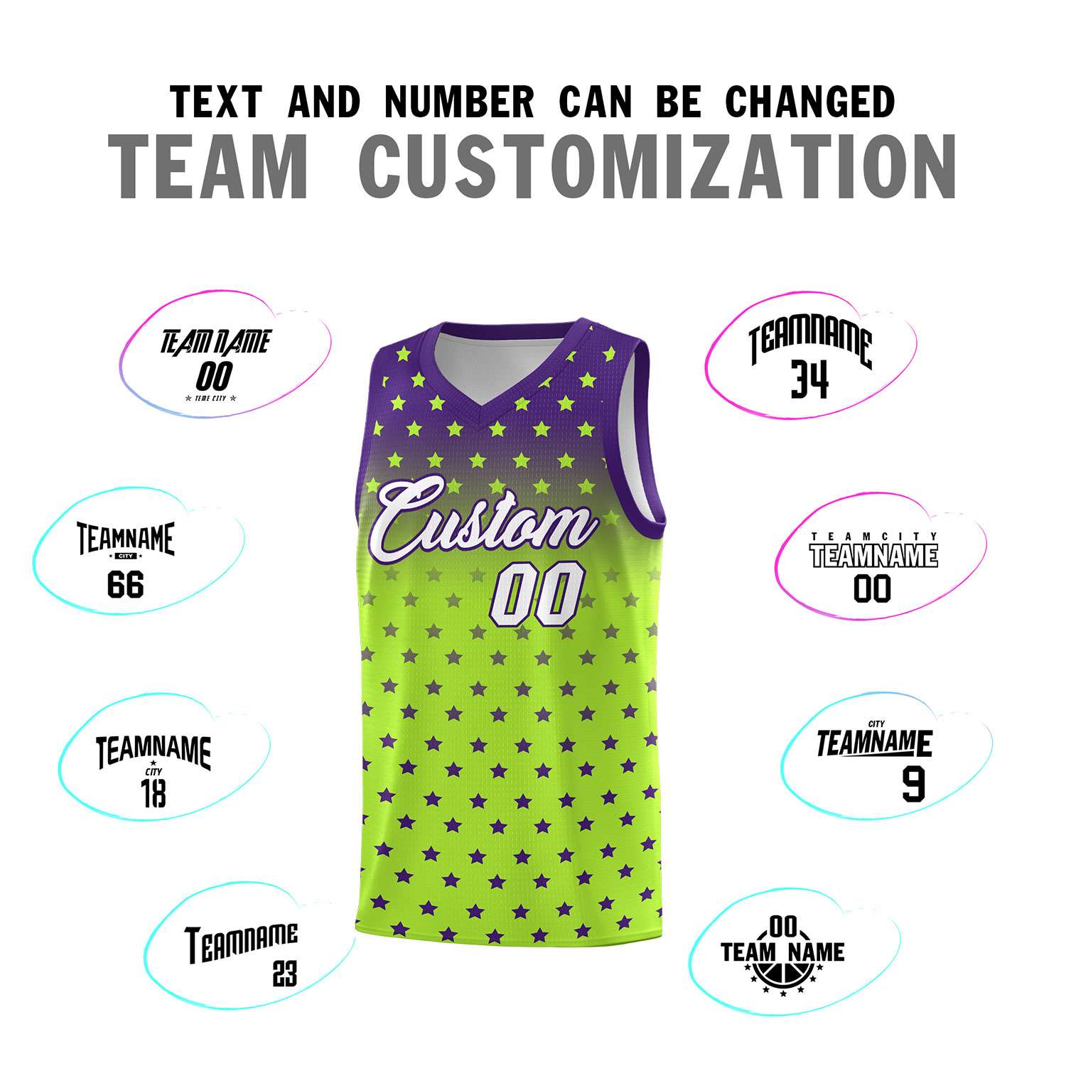 Custom Purple Light Green Gradient Start Pattern Basketball Jersey Sets