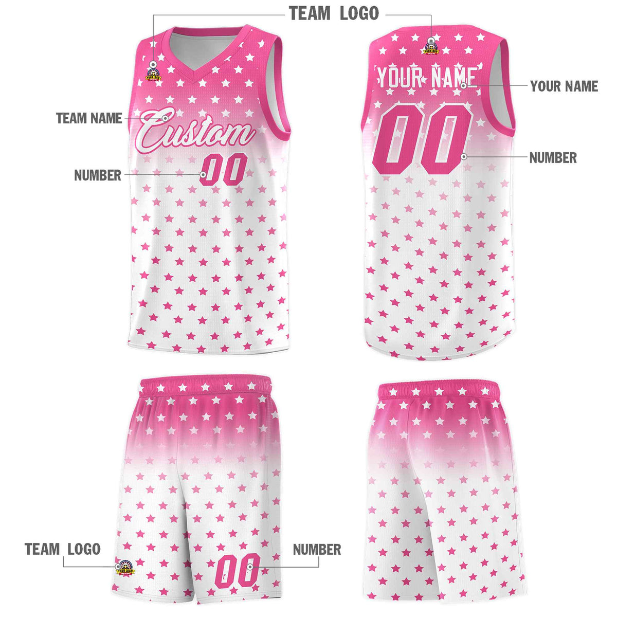 Custom Pink White Gradient Start Pattern Basketball Jersey Sets
