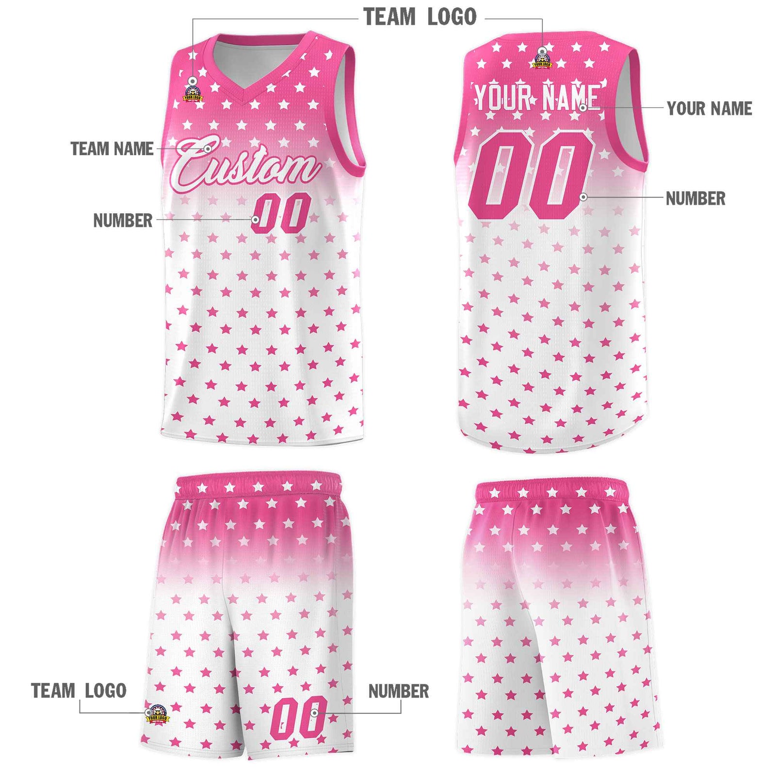 Custom Pink White Gradient Start Pattern Basketball Jersey Sets