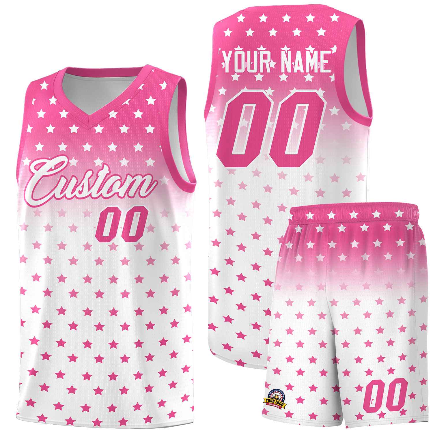 Custom Pink White Gradient Start Pattern Basketball Jersey Sets