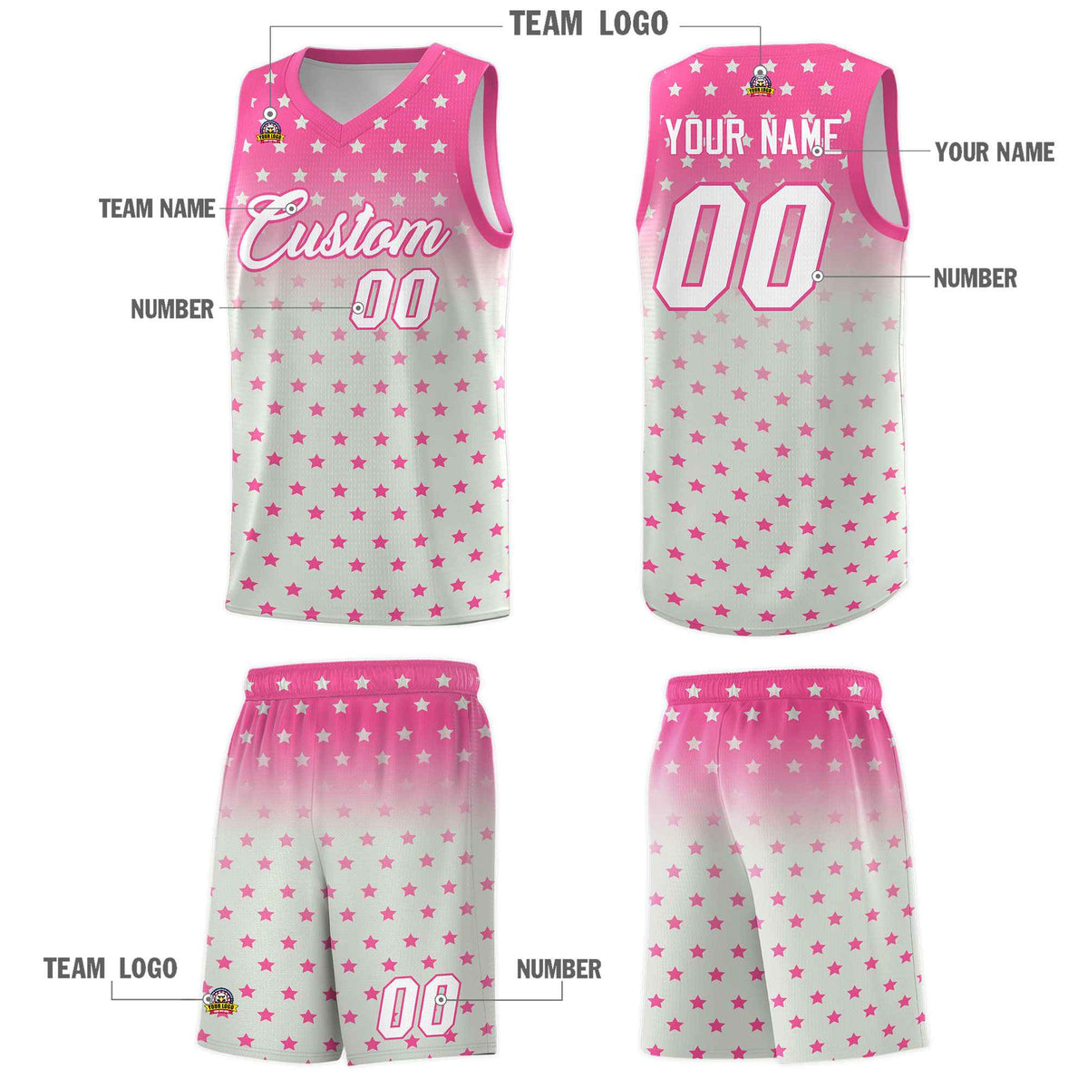 Custom Pink Gray Gradient Start Pattern Basketball Jersey Sets