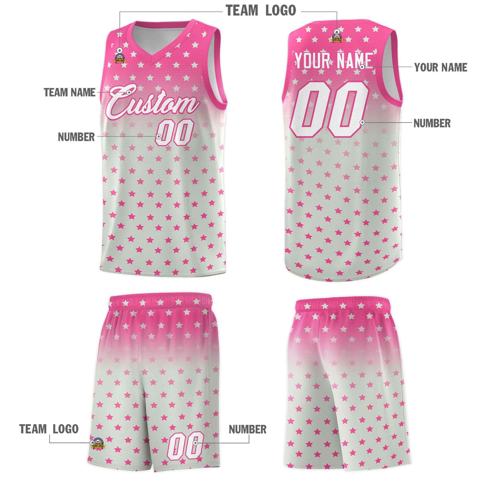 Custom Pink Gray Gradient Start Pattern Basketball Jersey Sets