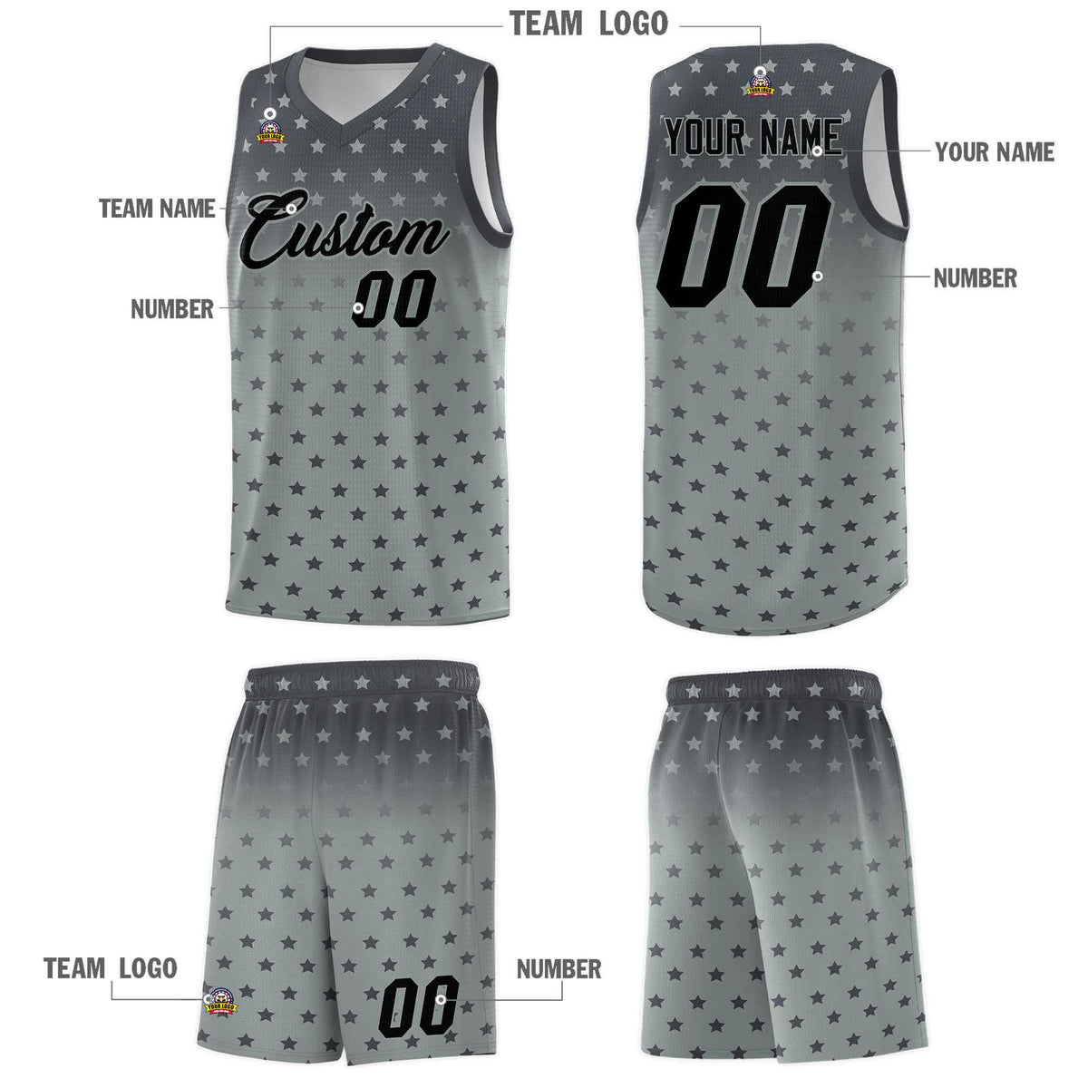 Custom Dark Gray Silver Gradient Start Pattern Basketball Jersey Sets