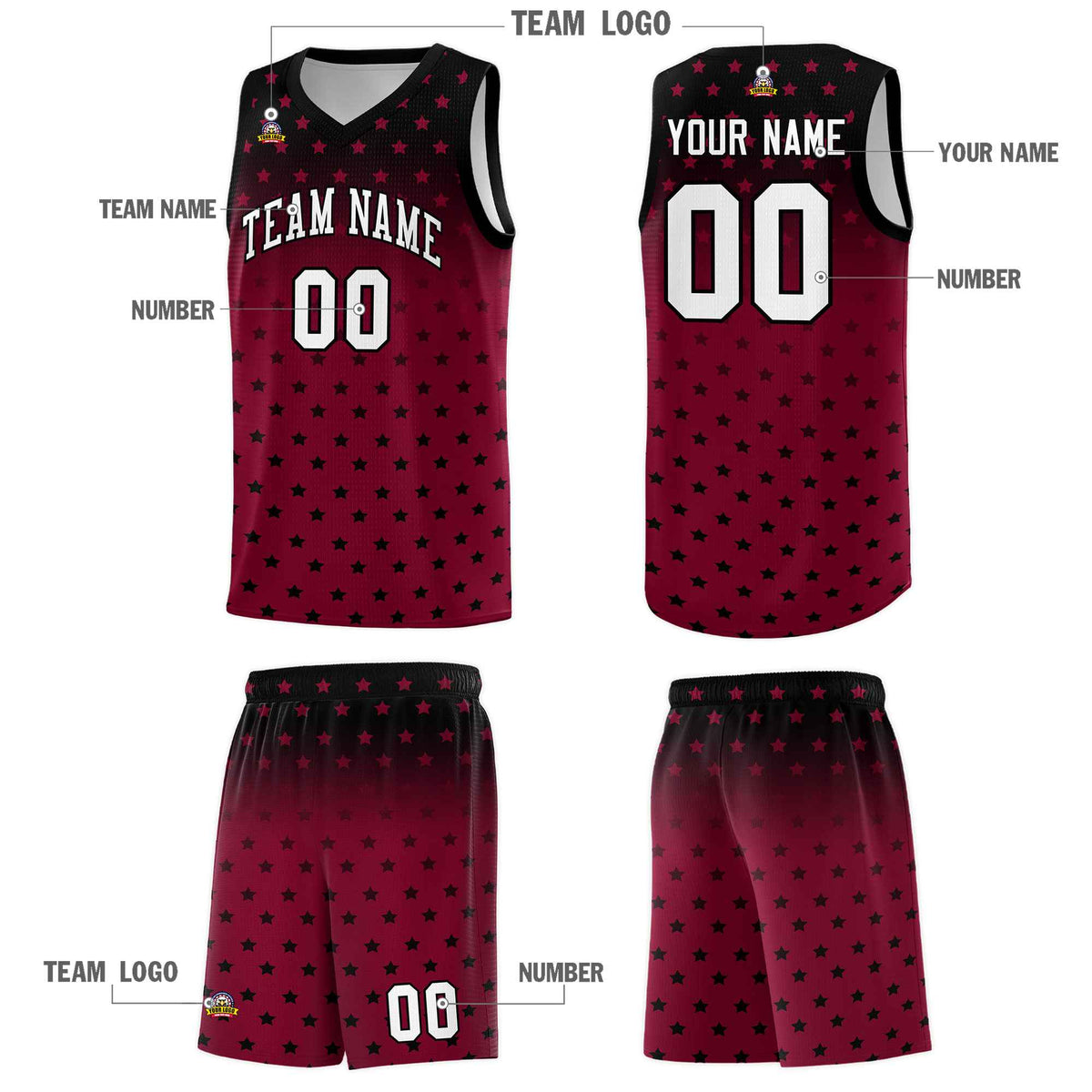 Custom Black Crimson Gradient Start Pattern Basketball Jersey Sets