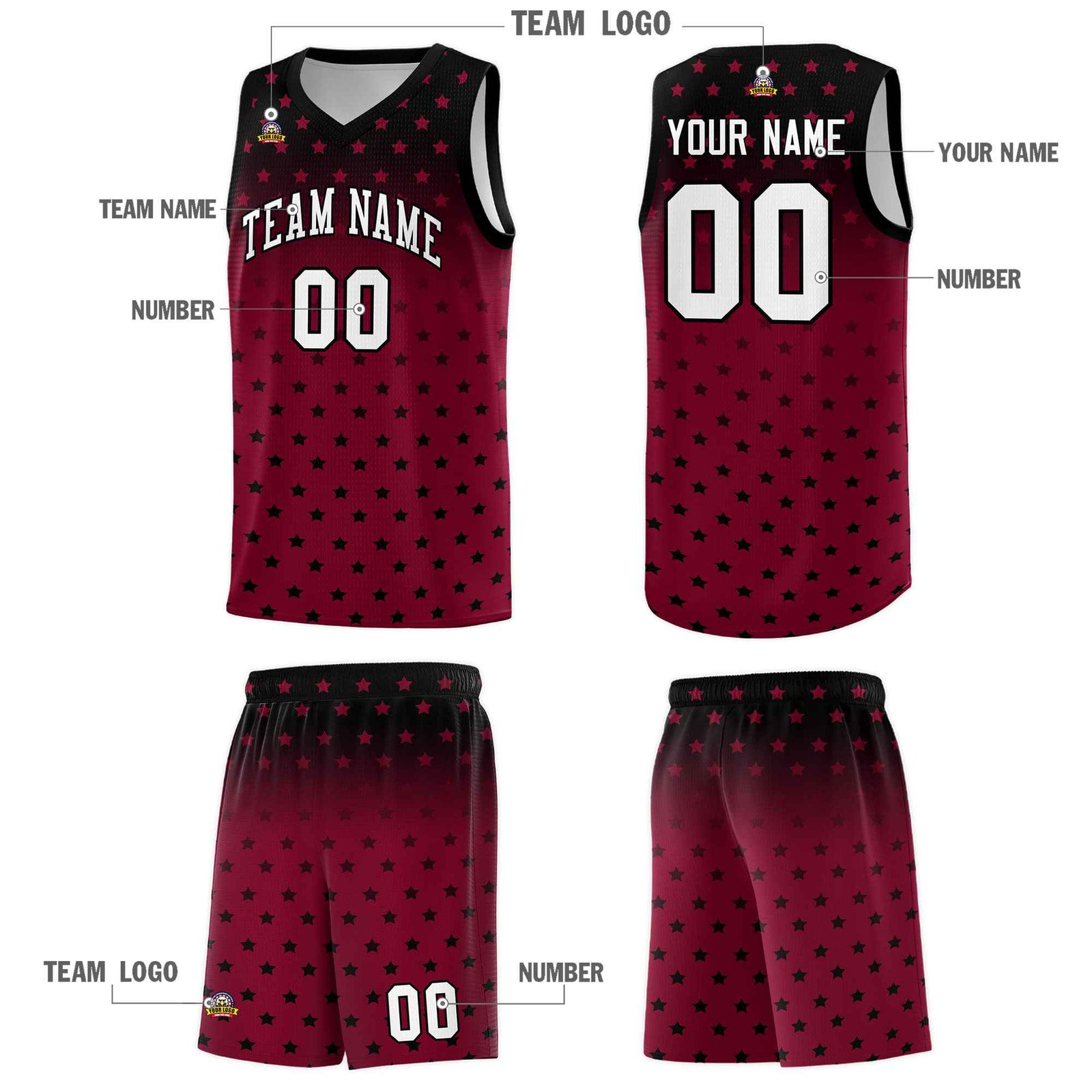 Custom Black Crimson Gradient Start Pattern Basketball Jersey Sets