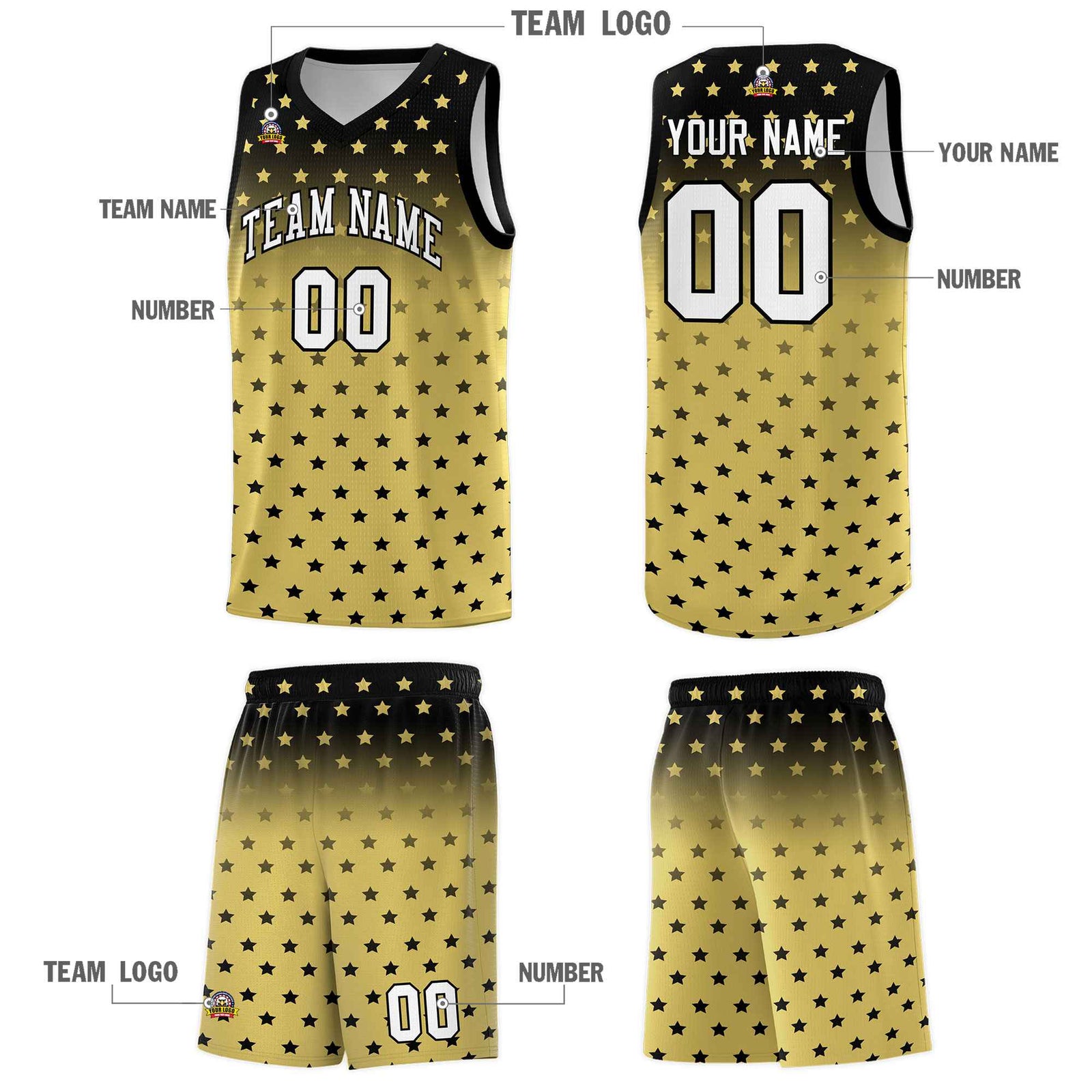 Custom Black Old Gold Gradient Start Pattern Basketball Jersey Sets