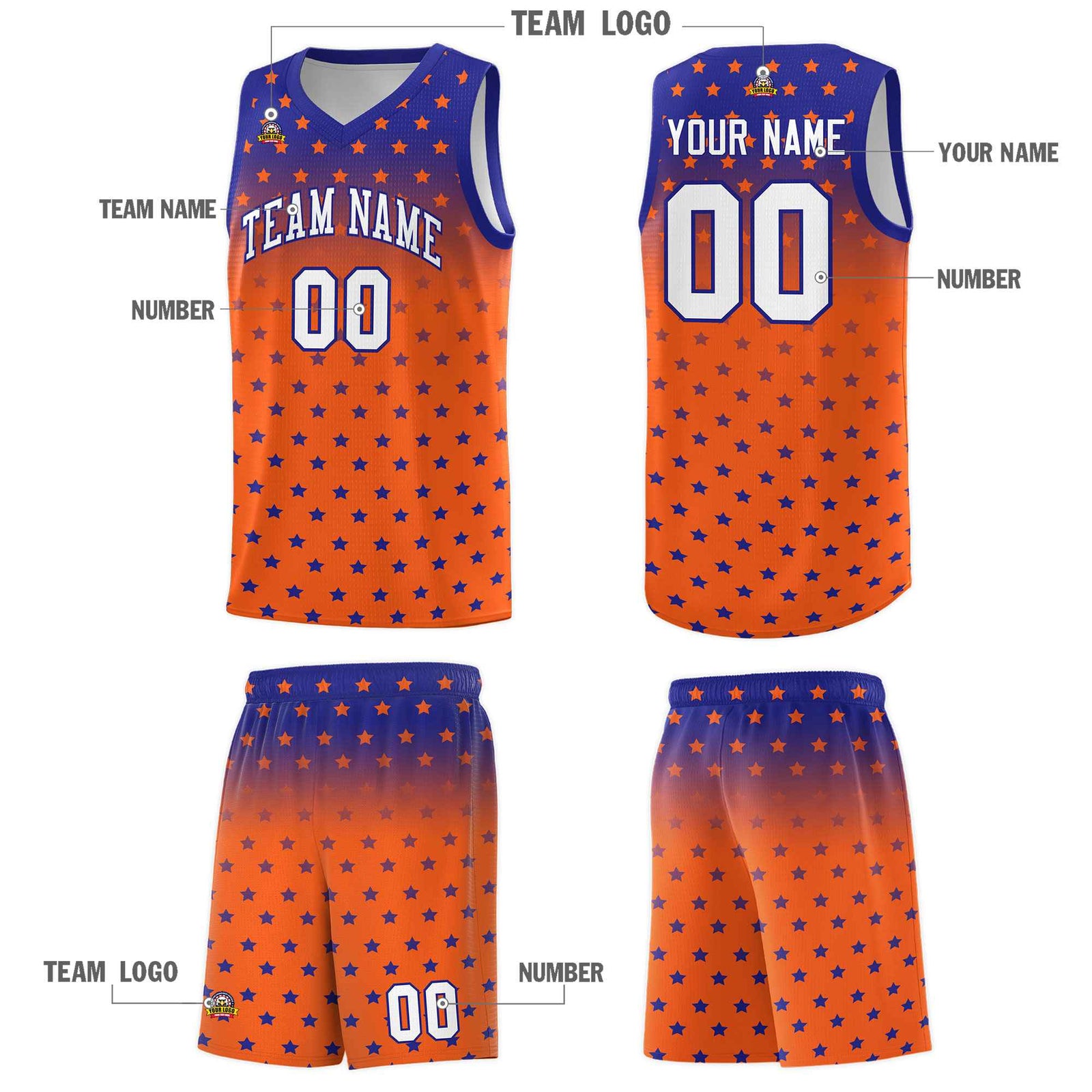 Custom Royal Orange Gradient Start Pattern Basketball Jersey Sets
