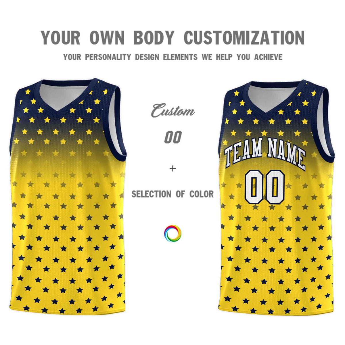 Custom Navy Gold Gradient Start Pattern Basketball Jersey Sets