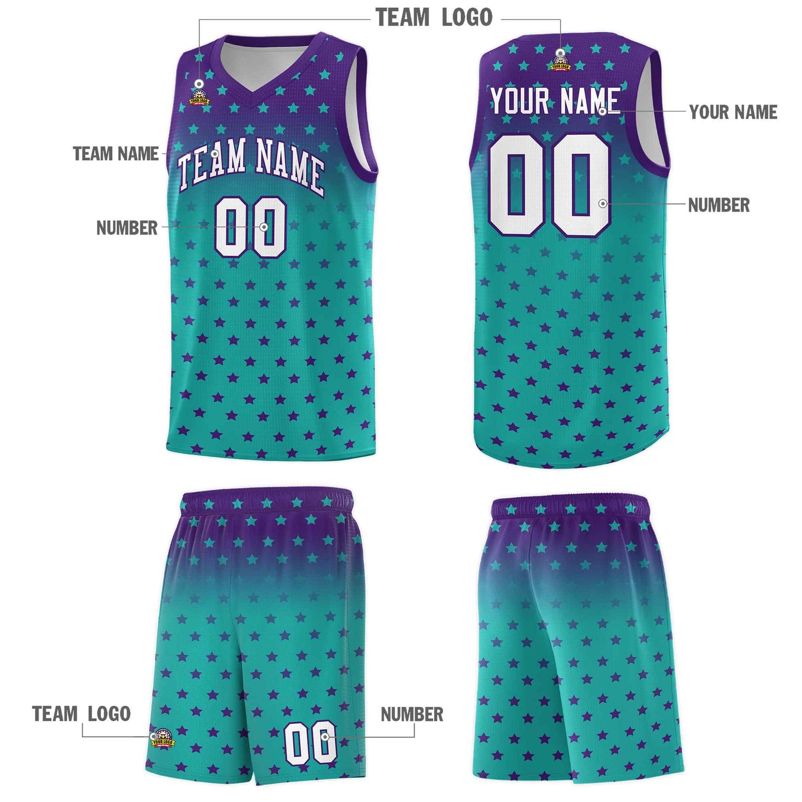 Custom Purple Aqua Gradient Start Pattern Basketball Jersey Sets