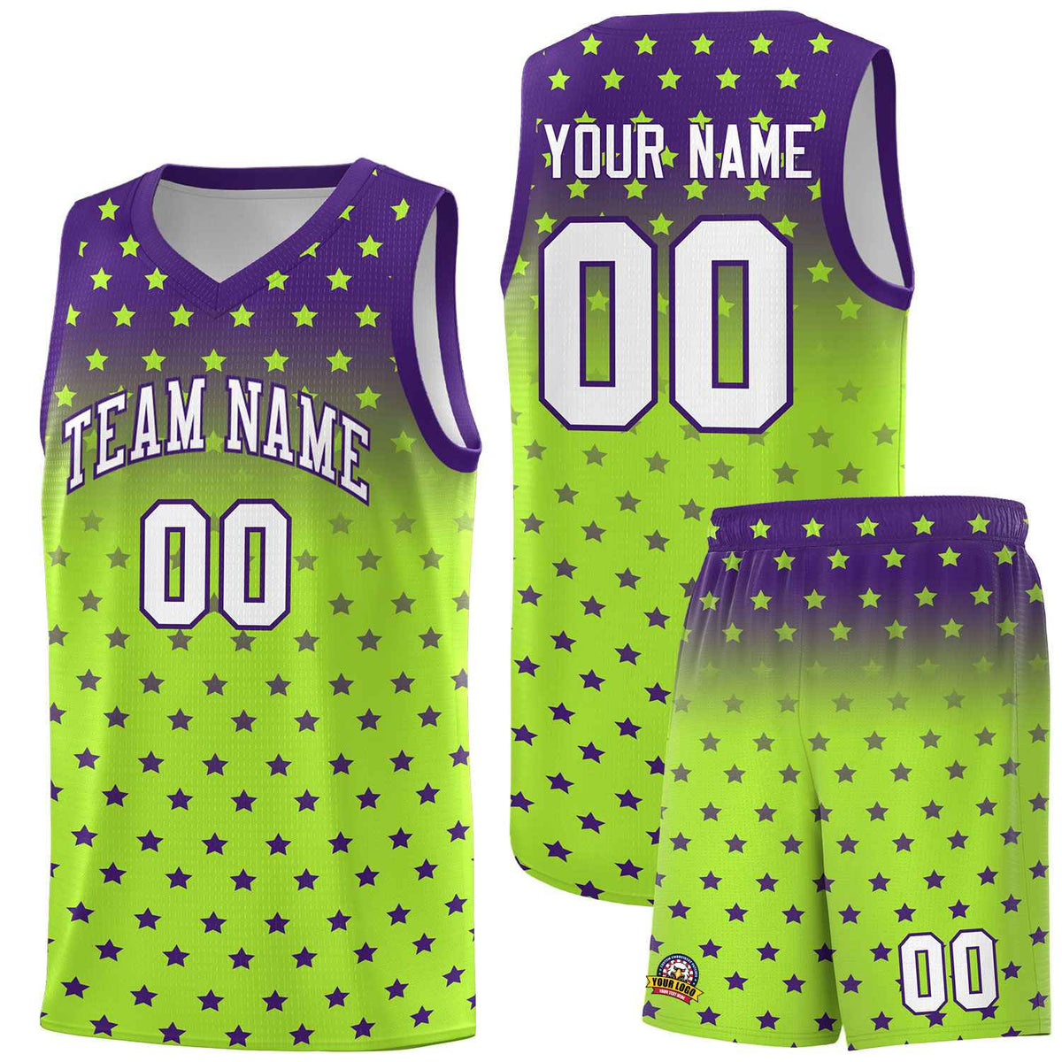 Custom Purple Light Green Gradient Start Pattern Basketball Jersey Sets