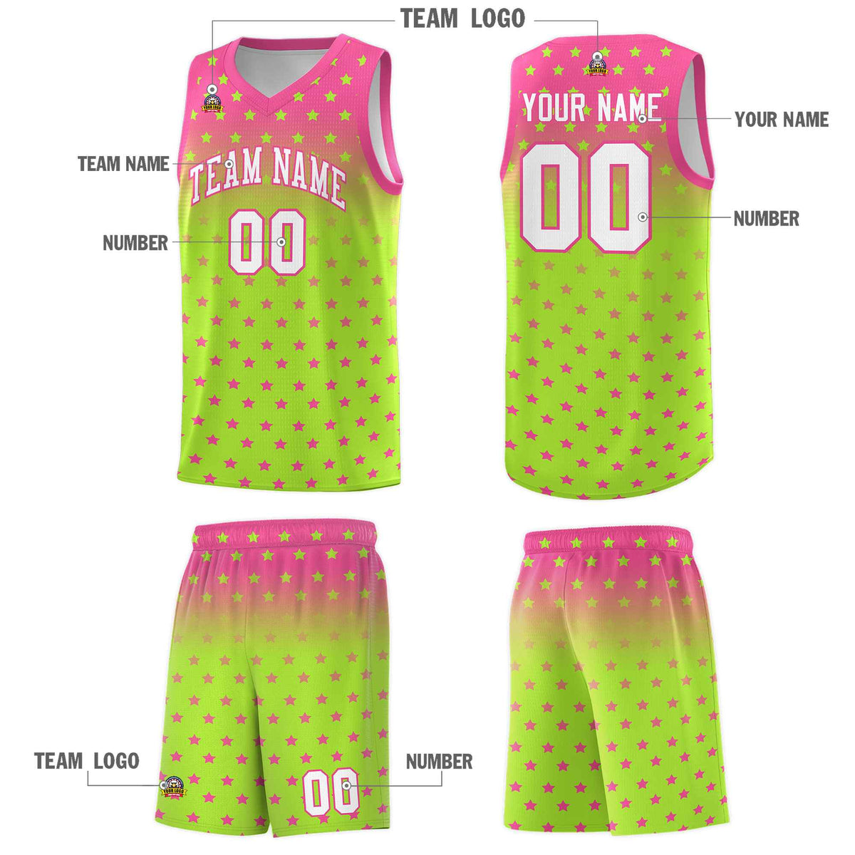 Custom Pink Light Green Gradient Start Pattern Basketball Jersey Sets