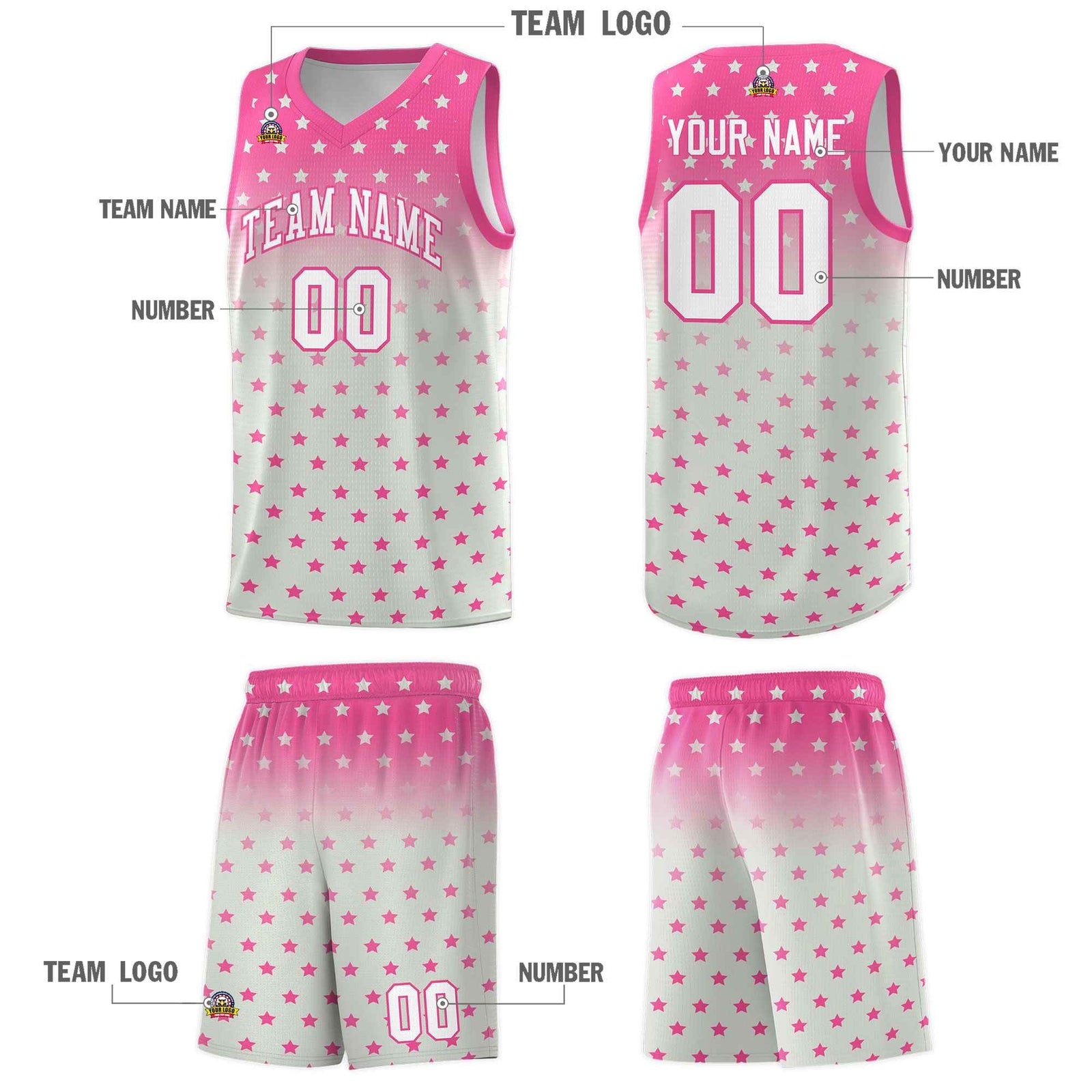 Custom Pink Gray Gradient Start Pattern Basketball Jersey Sets