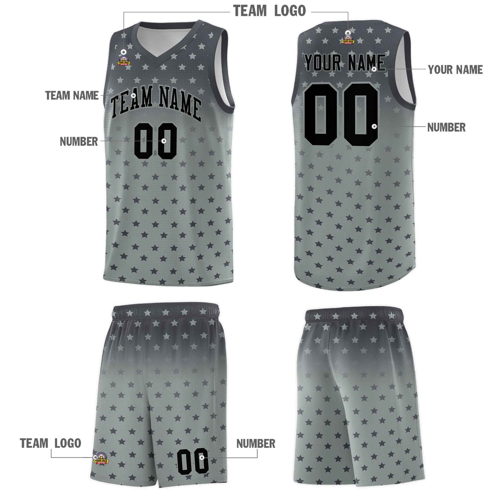 Custom Dark Gray Silver Gradient Start Pattern Basketball Jersey Sets