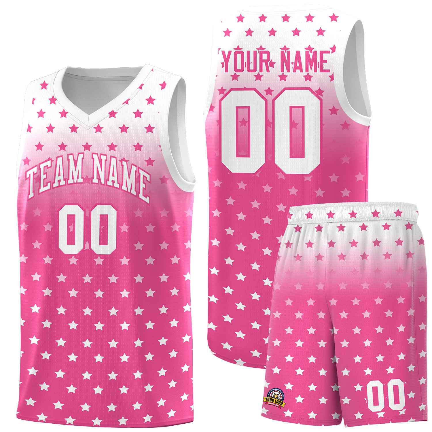 Custom White Pink Gradient Start Pattern Basketball Jersey Sets