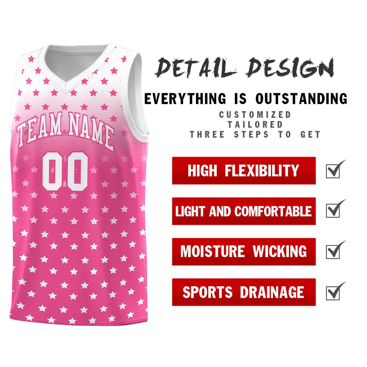 Custom White Pink Gradient Start Pattern Basketball Jersey Sets