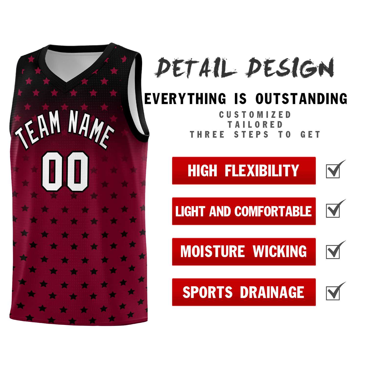 Custom Black Crimson Gradient Start Pattern Basketball Jersey Sets