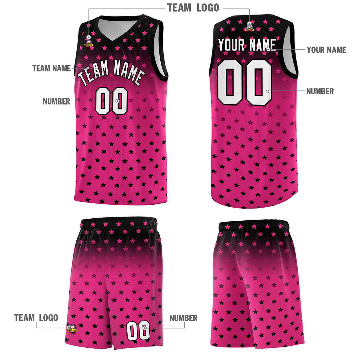 Custom Black Pink Gradient Start Pattern Basketball Jersey Sets