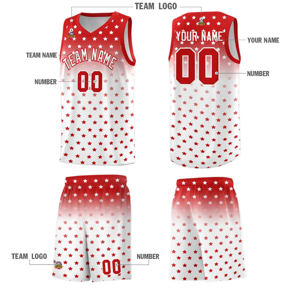 Custom Red White Gradient Start Pattern Basketball Jersey Sets