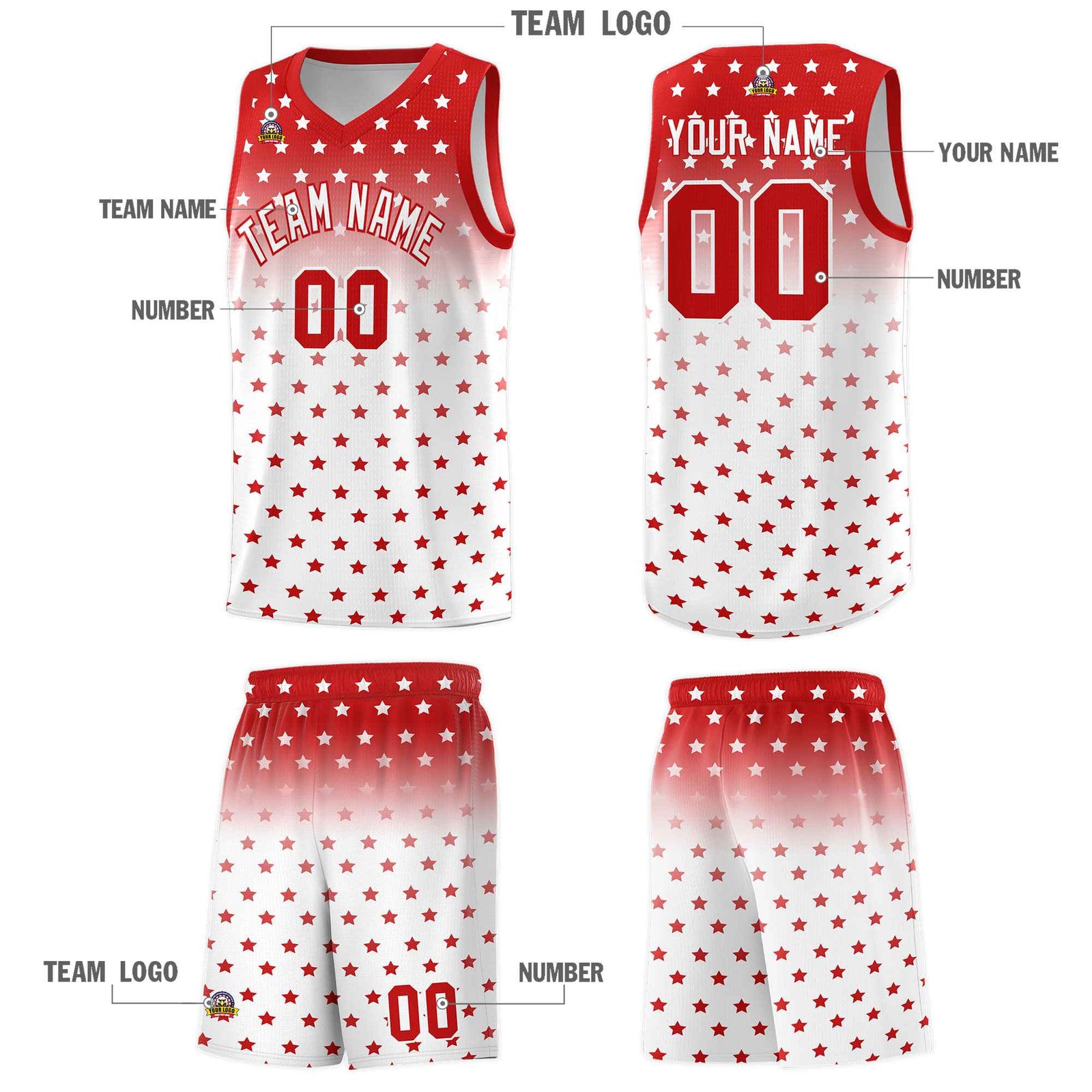Custom Red White Gradient Start Pattern Basketball Jersey Sets