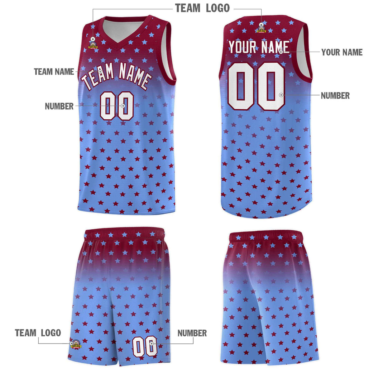 Custom Crimson Light Blue Gradient Start Pattern Basketball Jersey Sets