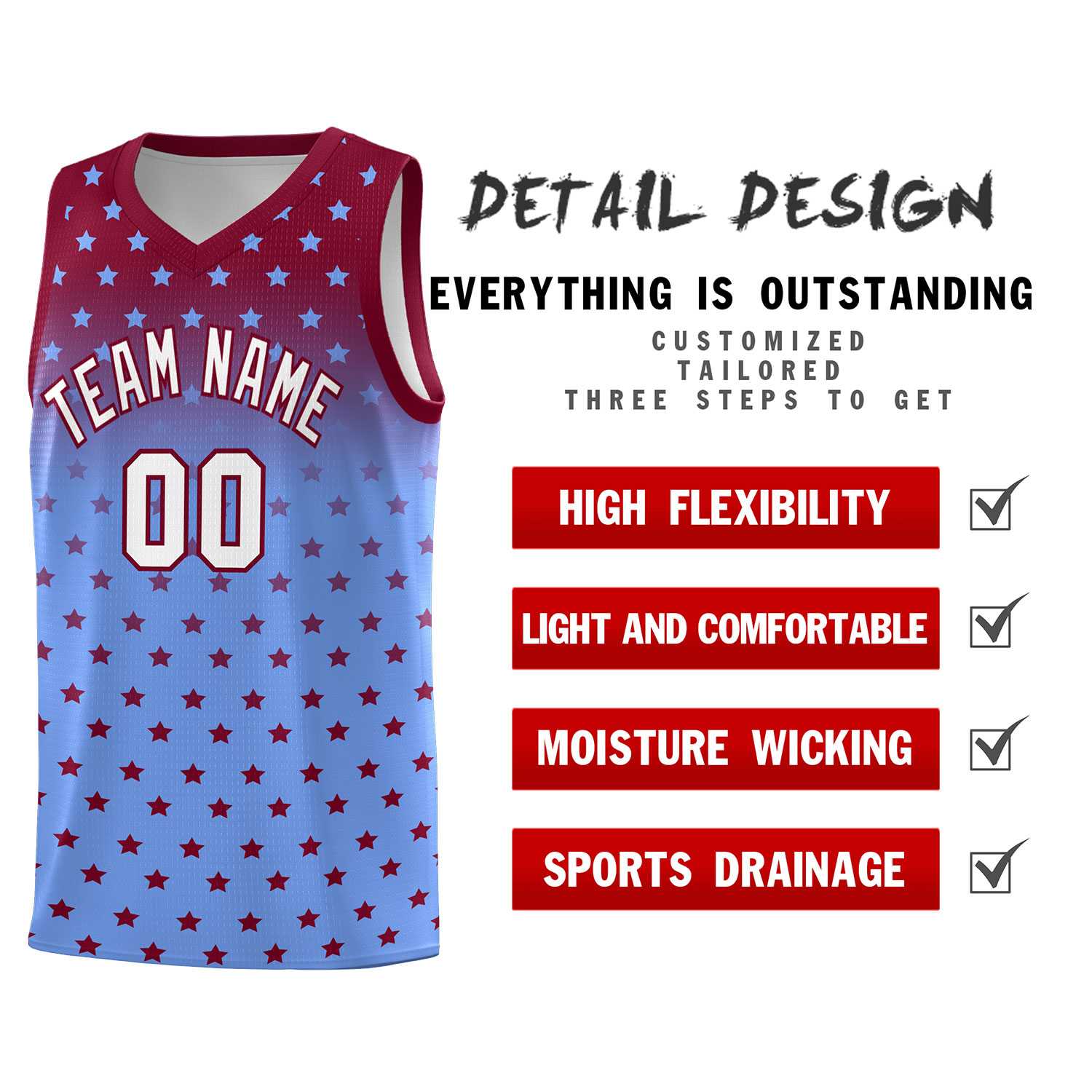 Custom Crimson Light Blue Gradient Start Pattern Basketball Jersey Sets