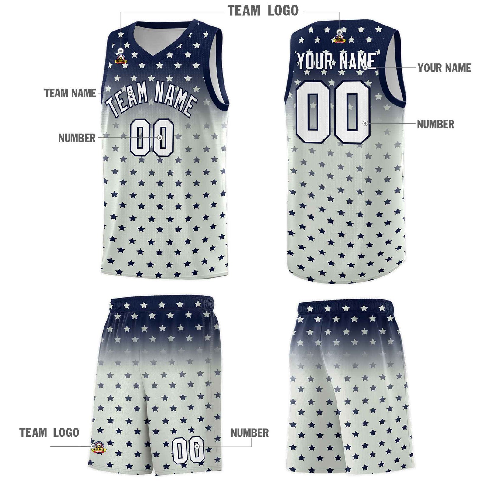 Custom Navy Gray Gradient Start Pattern Basketball Jersey Sets