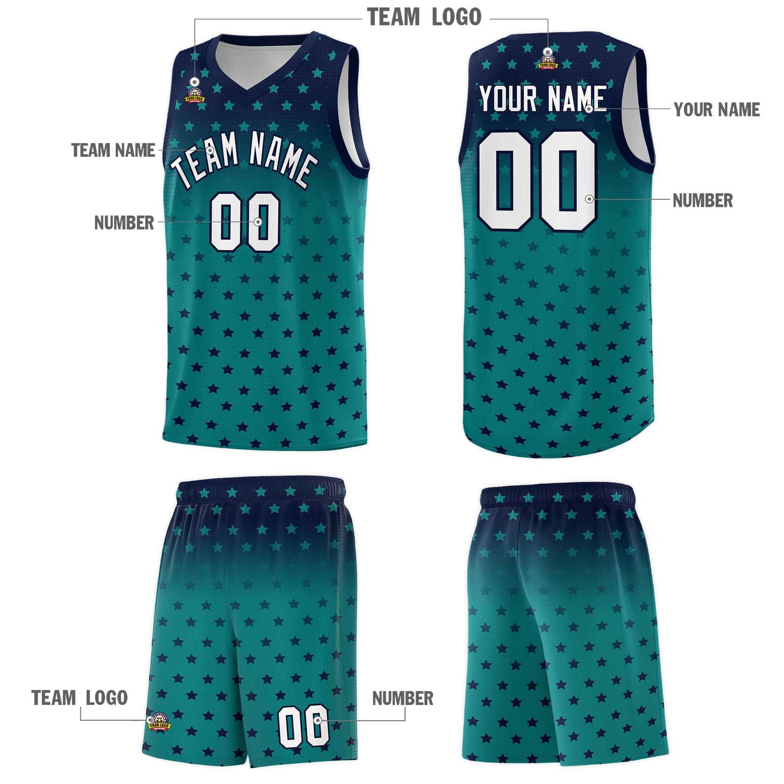 Custom Navy Aqua Gradient Start Pattern Basketball Jersey Sets