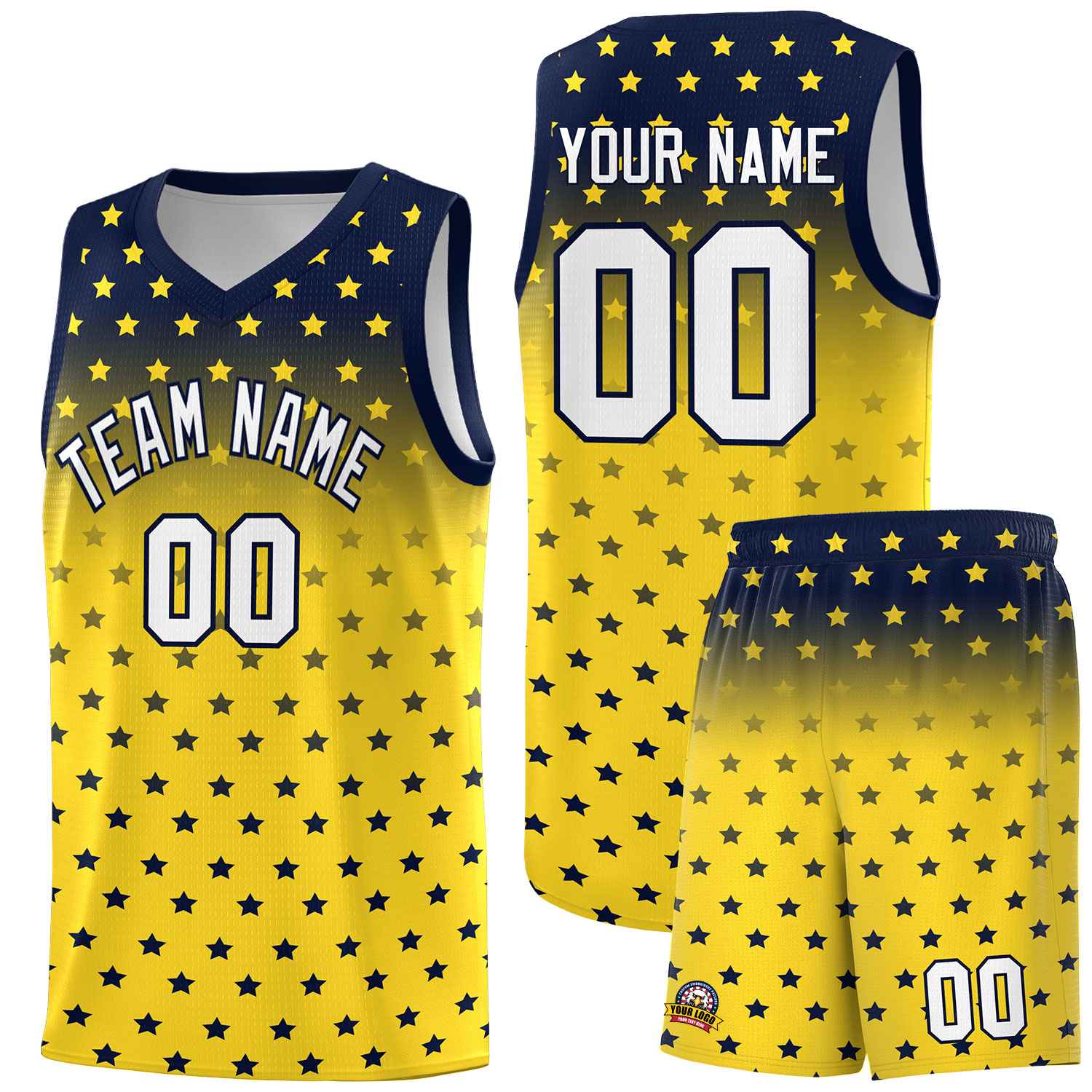 Custom Navy Gold Gradient Start Pattern Basketball Jersey Sets