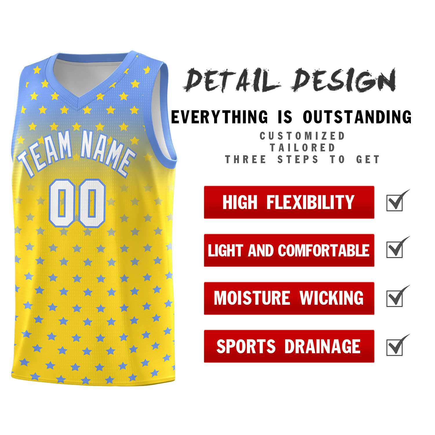 Custom Light Blue Gold Gradient Start Pattern Basketball Jersey Sets