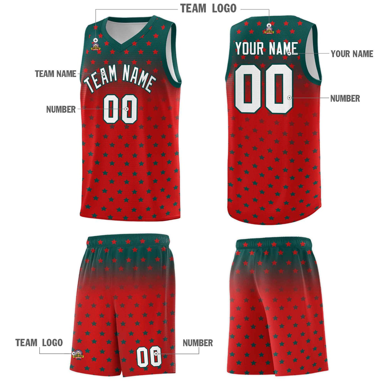 Custom Midnight Green Red Gradient Start Pattern Basketball Jersey Sets