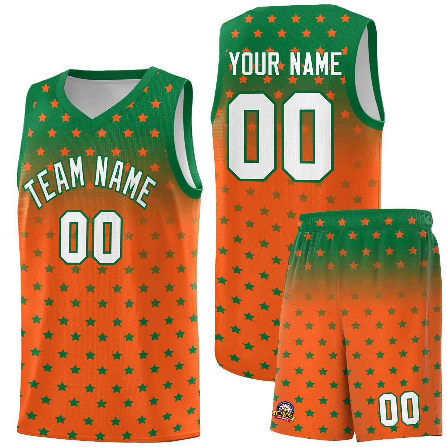 Custom Kelly Green Orange Gradient Start Pattern Basketball Jersey Sets