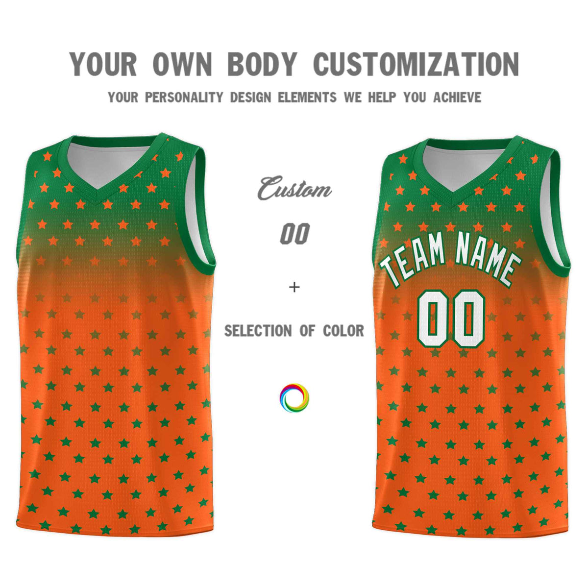 Custom Kelly Green Orange Gradient Start Pattern Basketball Jersey Sets