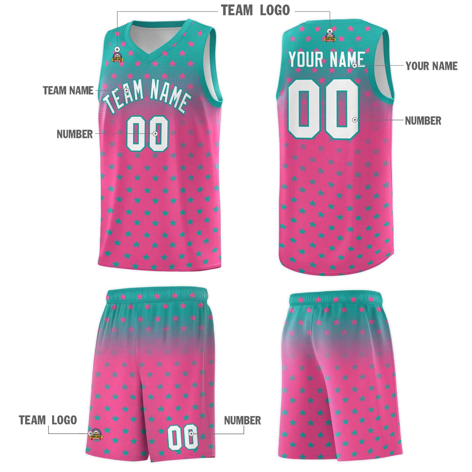 Custom Aqua Pink Gradient Start Pattern Basketball Jersey Sets