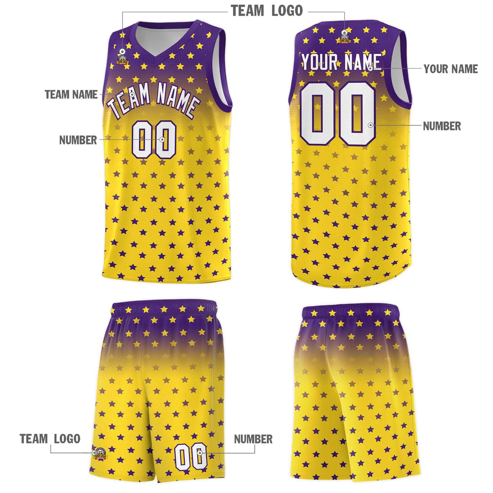 Custom Purple Gold Gradient Start Pattern Basketball Jersey Sets