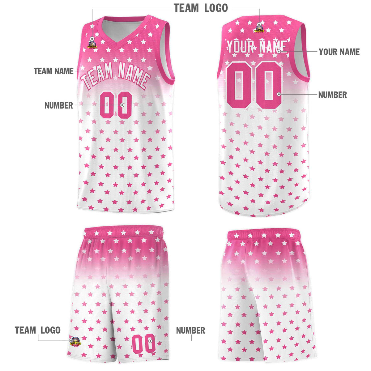 Custom Pink White Gradient Start Pattern Basketball Jersey Sets