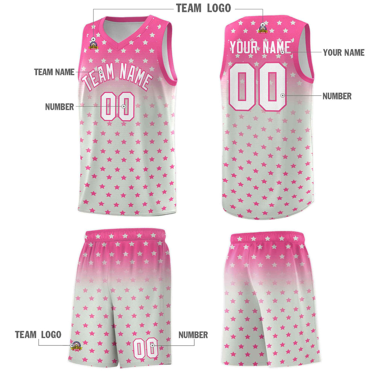 Custom Pink Gray Gradient Start Pattern Basketball Jersey Sets