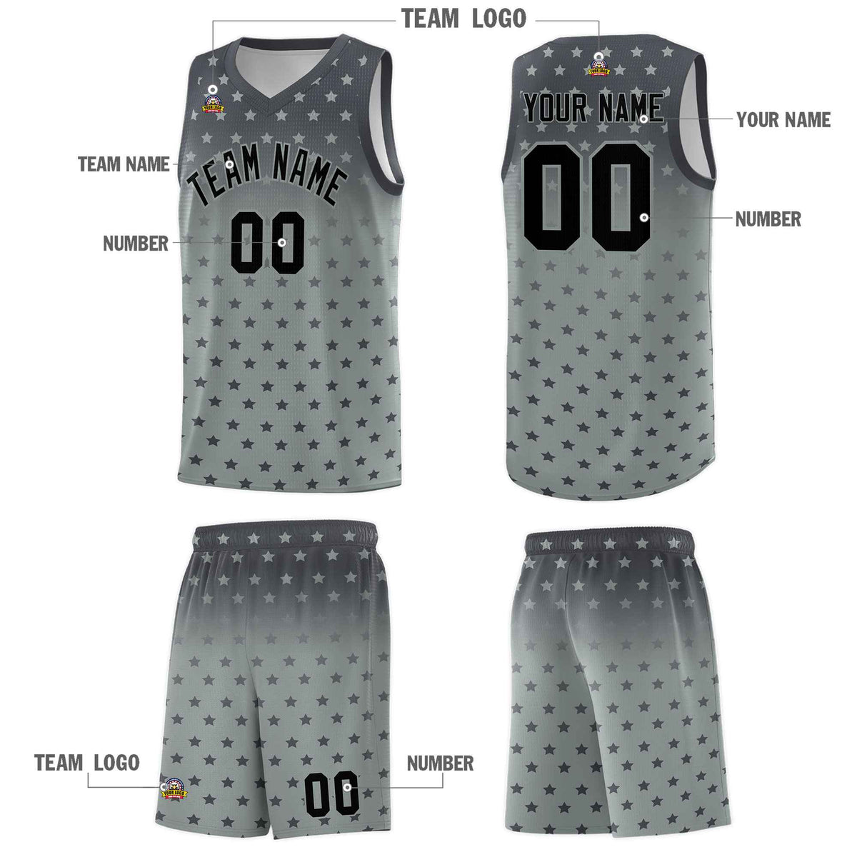 Custom Dark Gray Silver Gradient Start Pattern Basketball Jersey Sets
